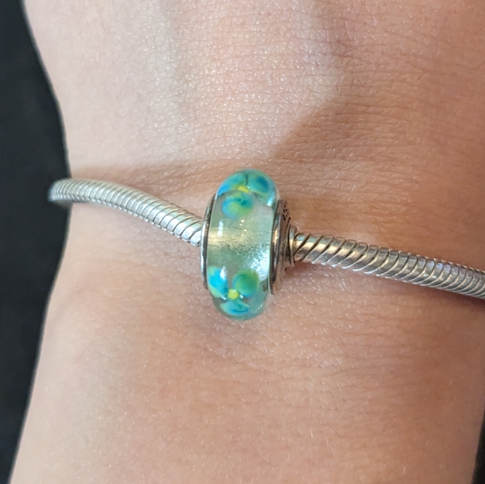 Pandora Blue and Green Flower Murano Glass and Sterling Silver Charm